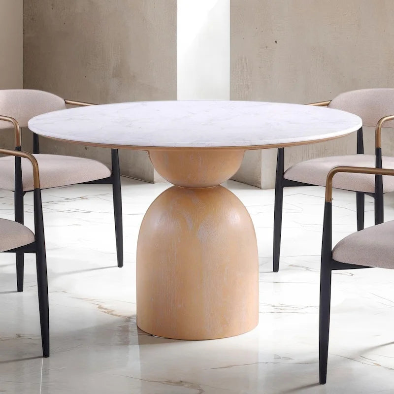 Round Dining Table with Stone Top and Wood Base