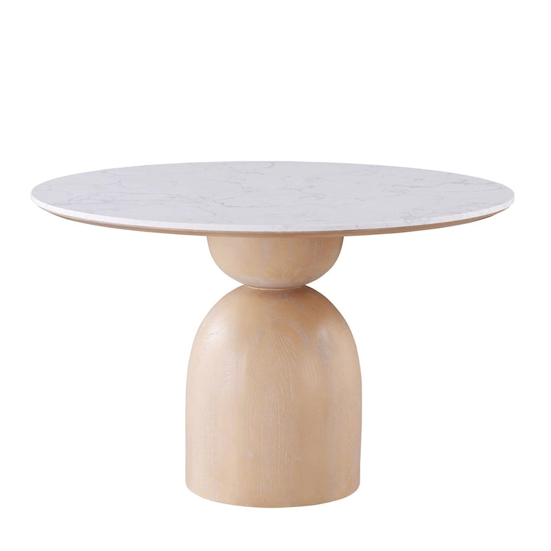 Round Dining Table with Stone Top and Wood Base