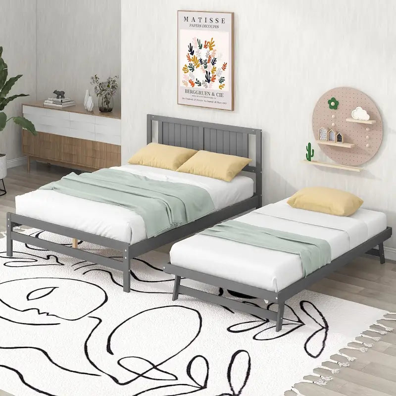 Full Size Platform Bed with Adjustable Trundle - Gray