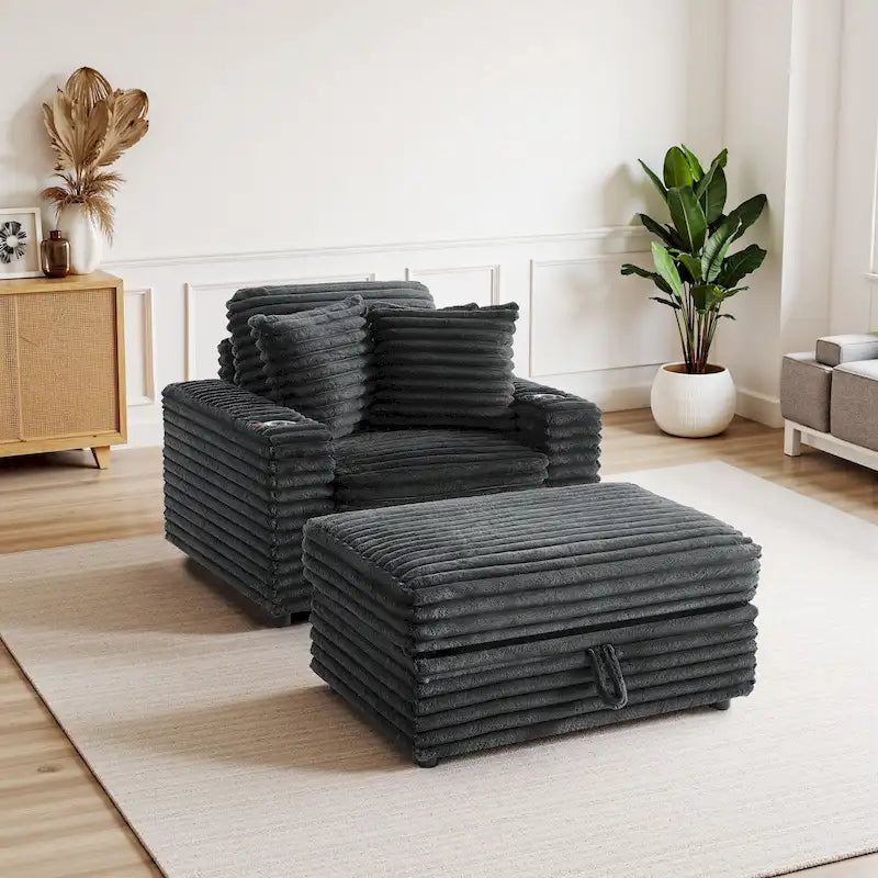 Chaiselongue aus Baumwollflanell mit Aufbewahrungshocker
