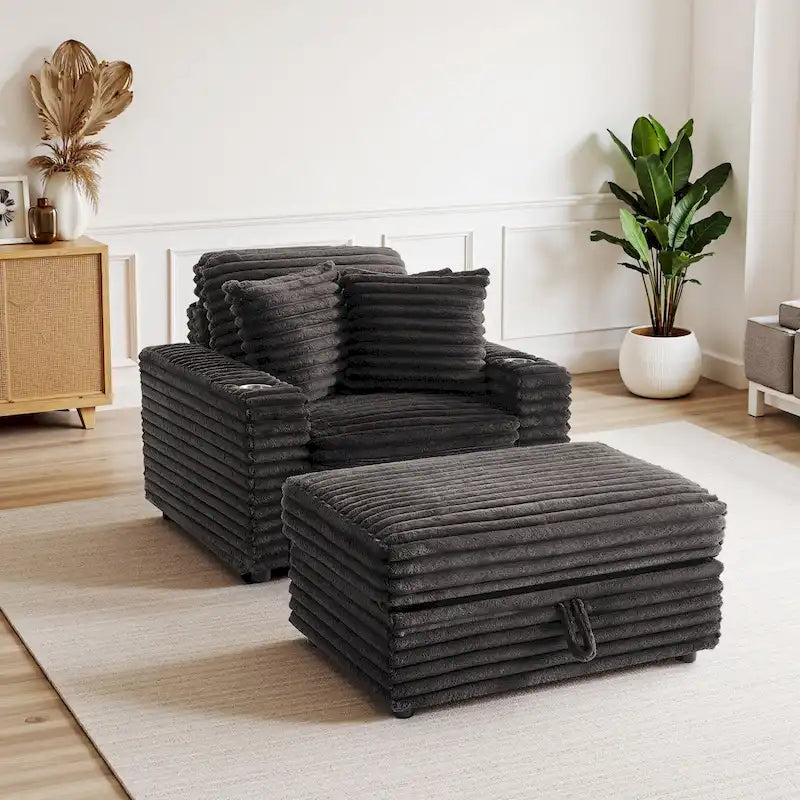 Chaiselongue aus Baumwollflanell mit Aufbewahrungshocker