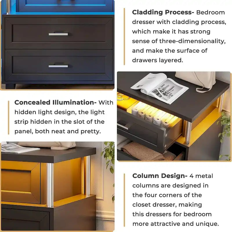 Commode à 8 tiroirs avec éclairage LED et design à colonnes