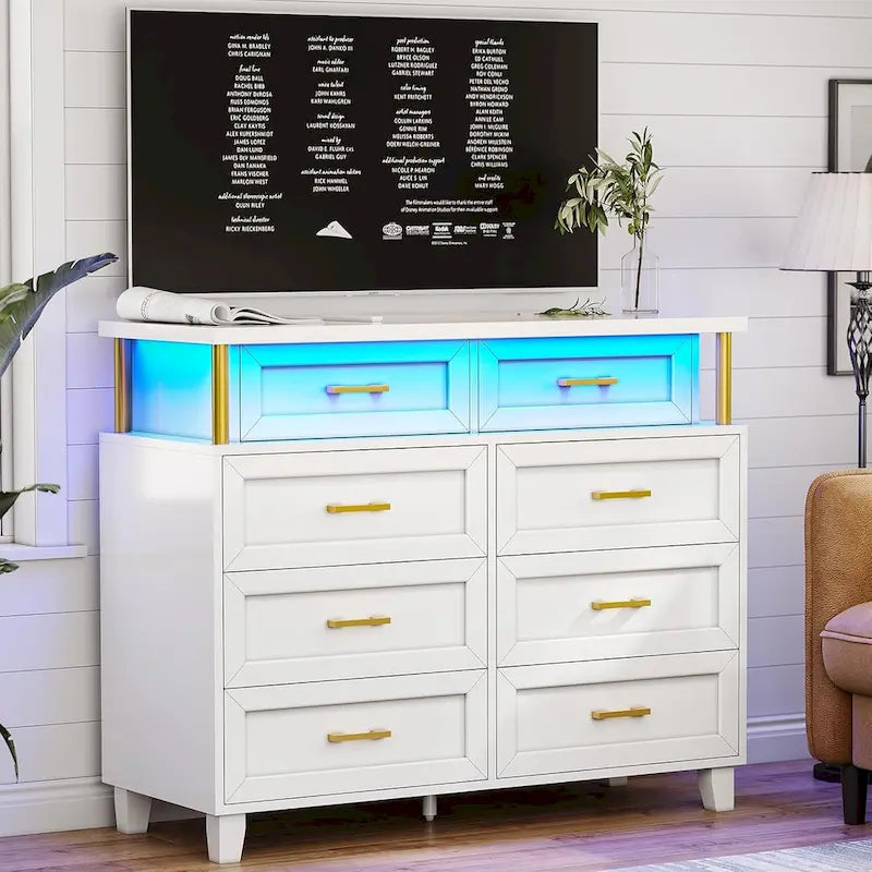 Commode à 8 tiroirs avec éclairage LED et design à colonnes