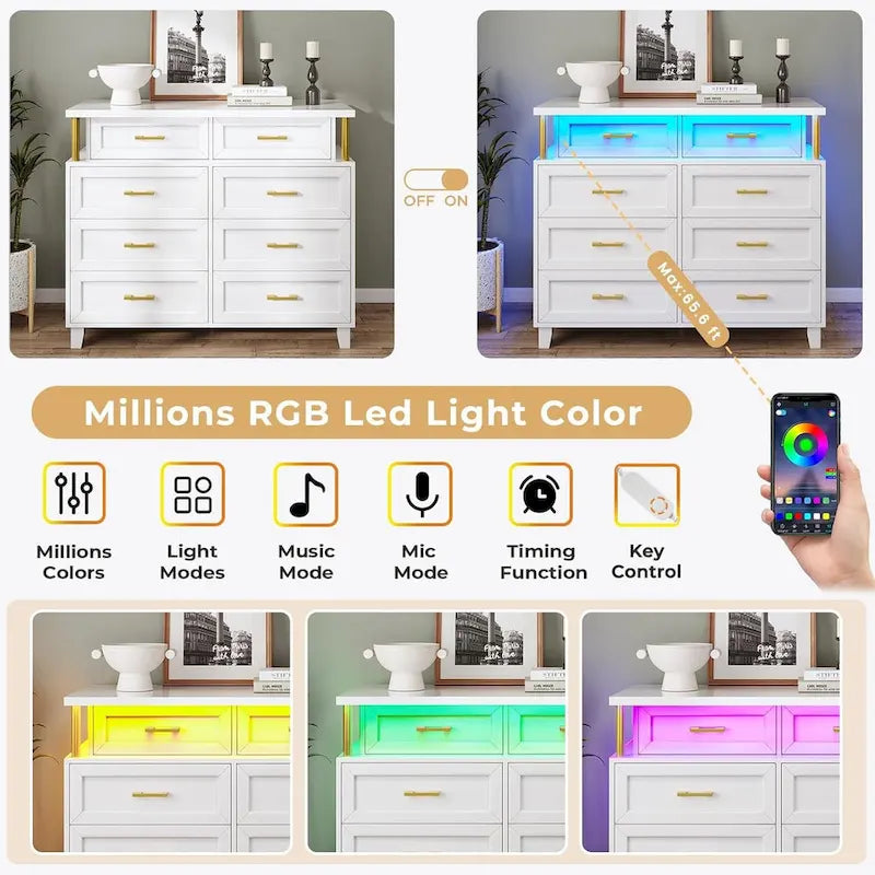Commode à 8 tiroirs avec éclairage LED et design à colonnes