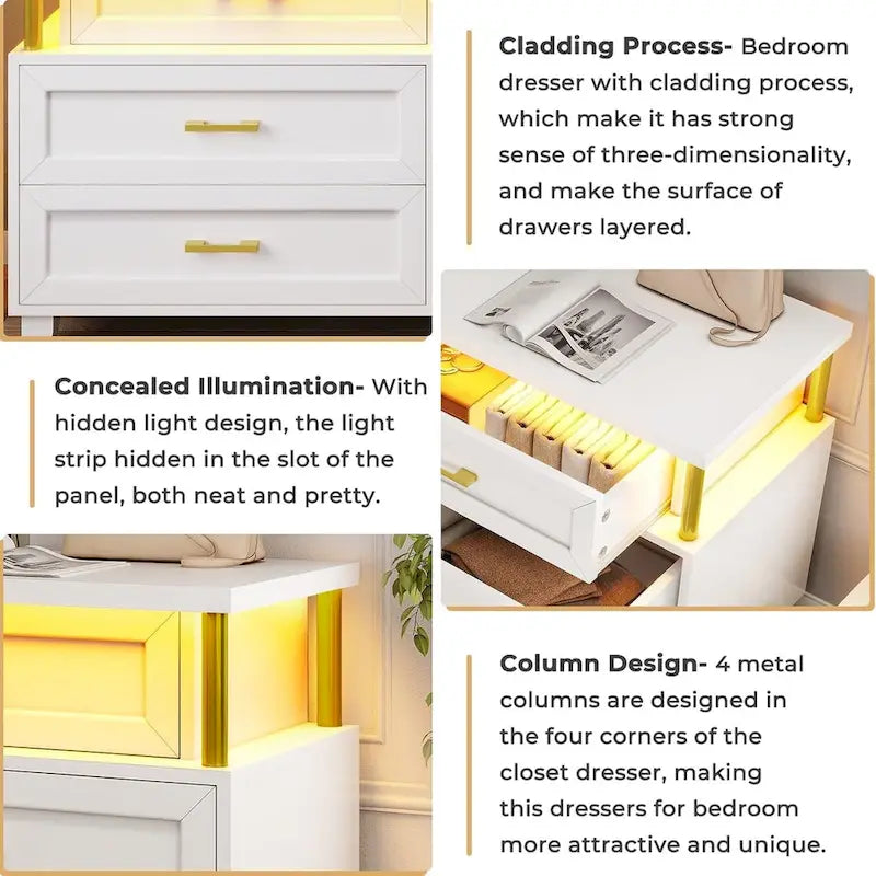 Commode à 8 tiroirs avec éclairage LED et design à colonnes