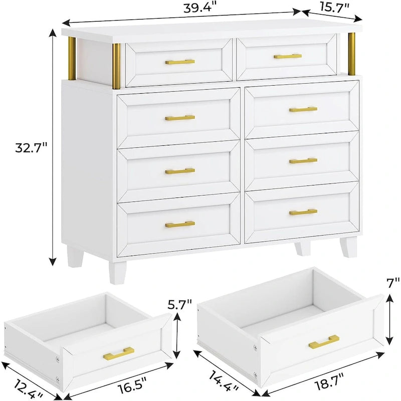 Commode à 8 tiroirs avec éclairage LED et design à colonnes