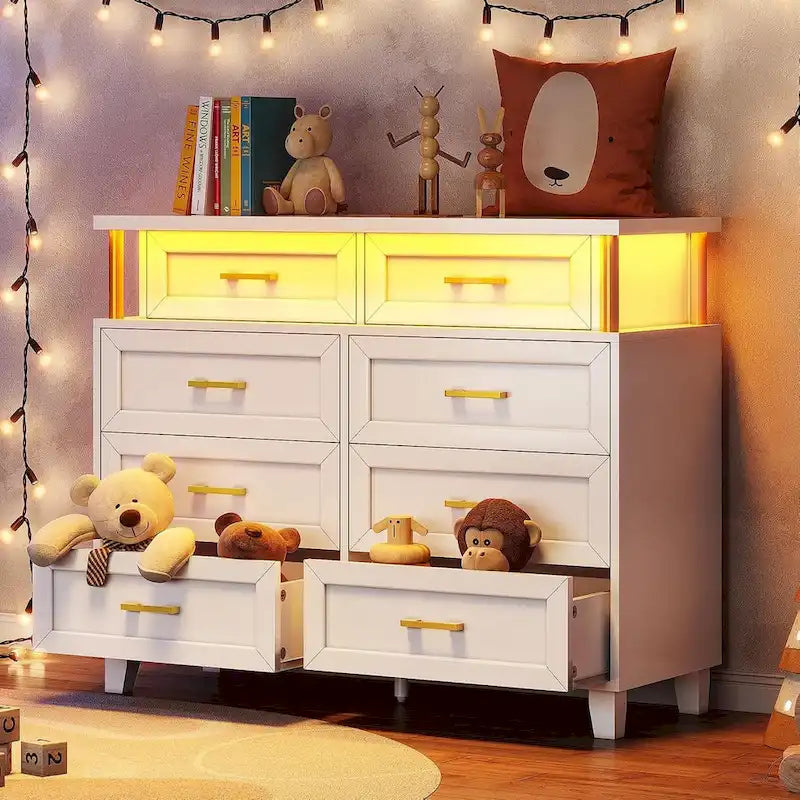 Commode à 8 tiroirs avec éclairage LED et design à colonnes