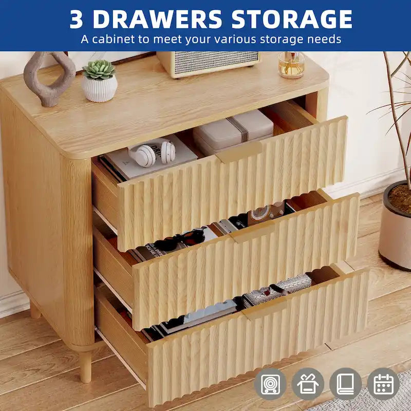 Modern Fluted 3-Drawer Dresser Chest of Drawers - Natural Oak
