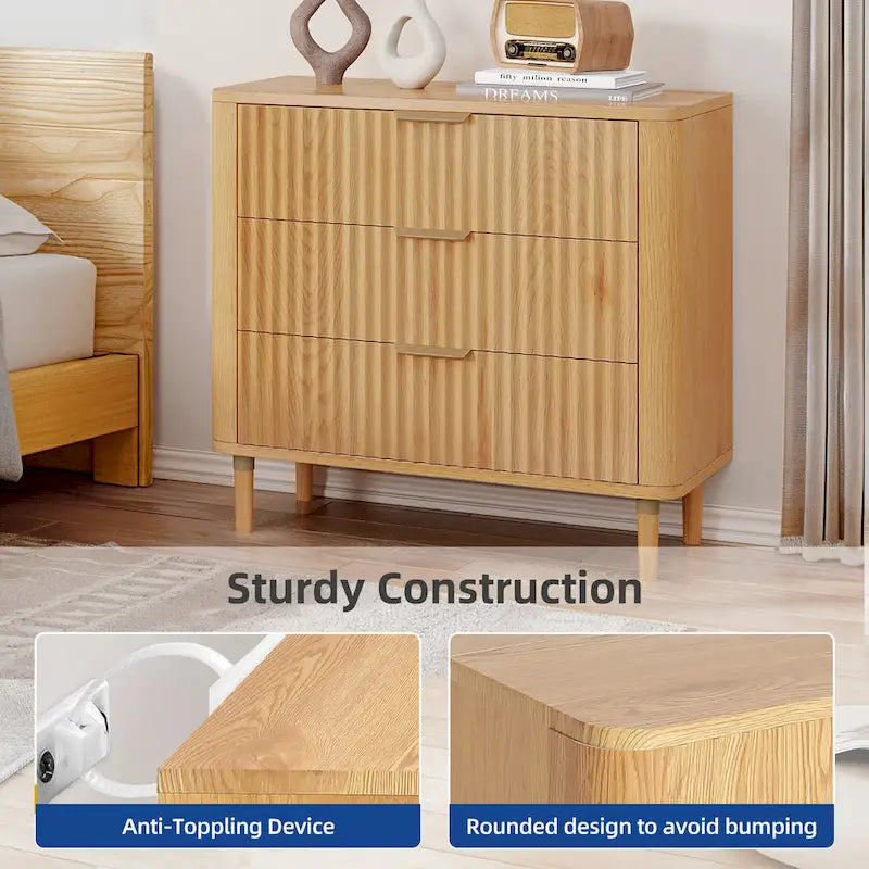 Modern Fluted 3-Drawer Dresser Chest of Drawers - Natural Oak