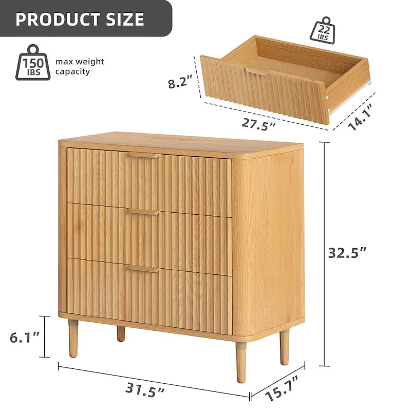 Modern Fluted 3-Drawer Dresser Chest of Drawers - Natural Oak