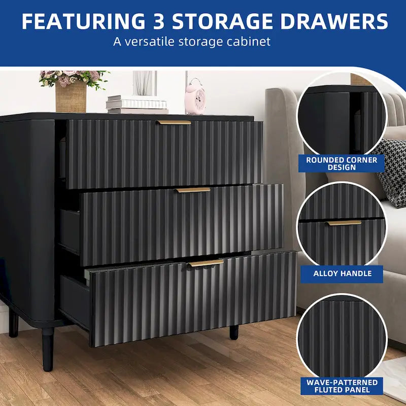 Modern Fluted 3-Drawer Dresser Chest of Drawers - Natural Oak
