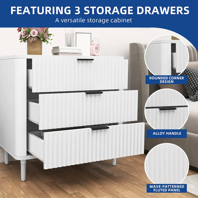 Modern Fluted 3-Drawer Dresser Chest of Drawers - Natural Oak