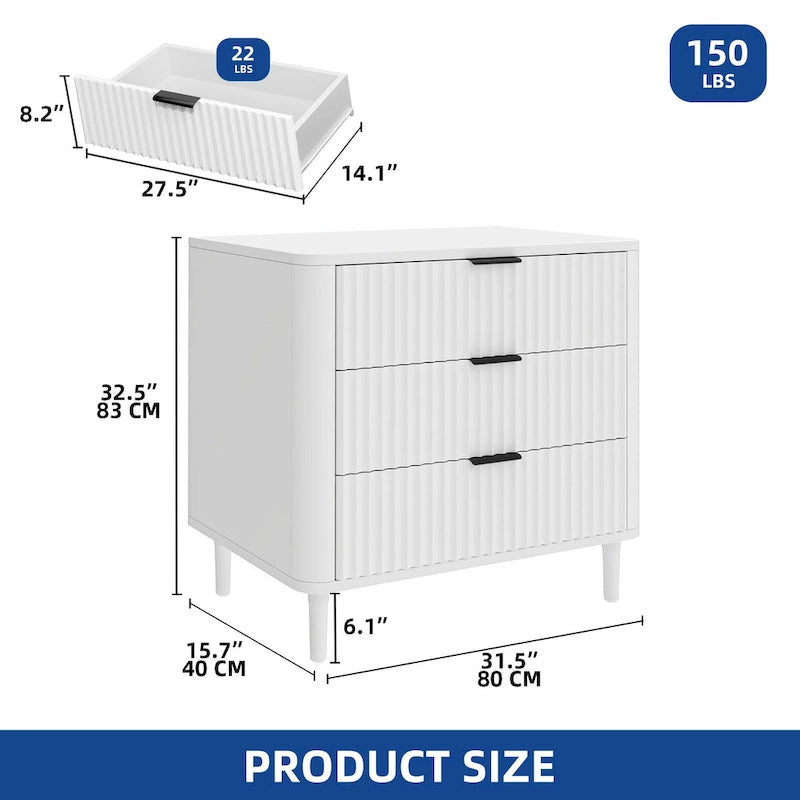 Modern Fluted 3-Drawer Dresser Chest of Drawers - Natural Oak