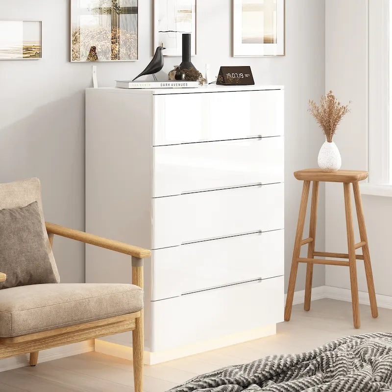 31.5" High Gloss Chest of Drawers with LED Light and Spacious Tabletop, 5 Drawers