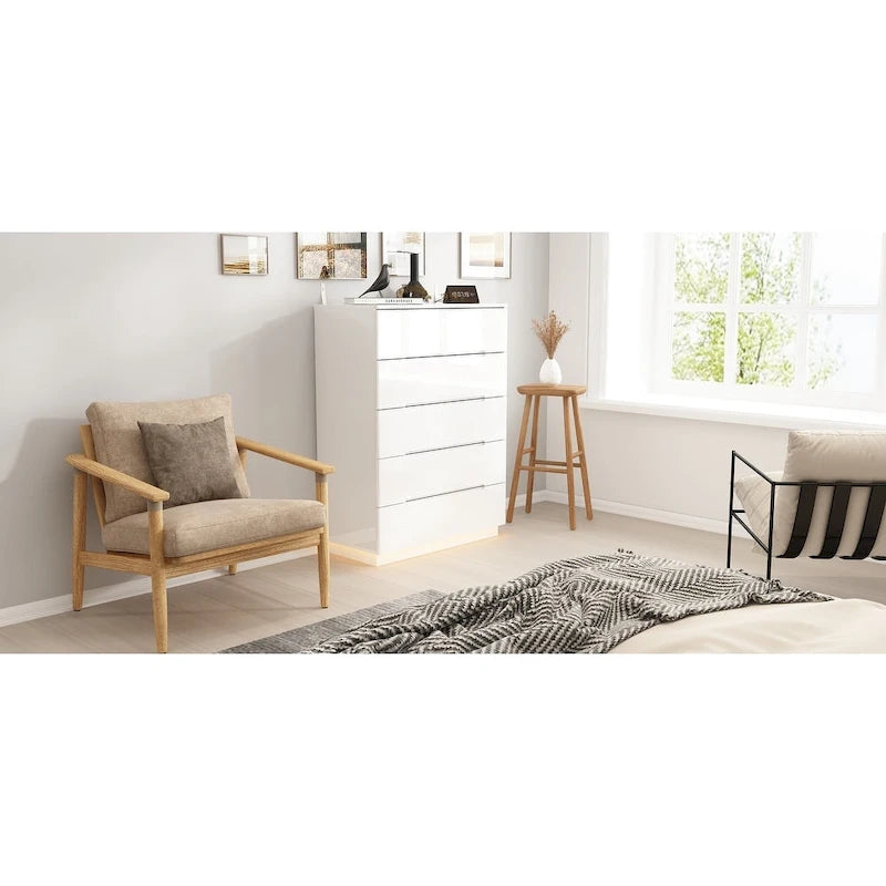 31.5" High Gloss Chest of Drawers with LED Light and Spacious Tabletop, 5 Drawers