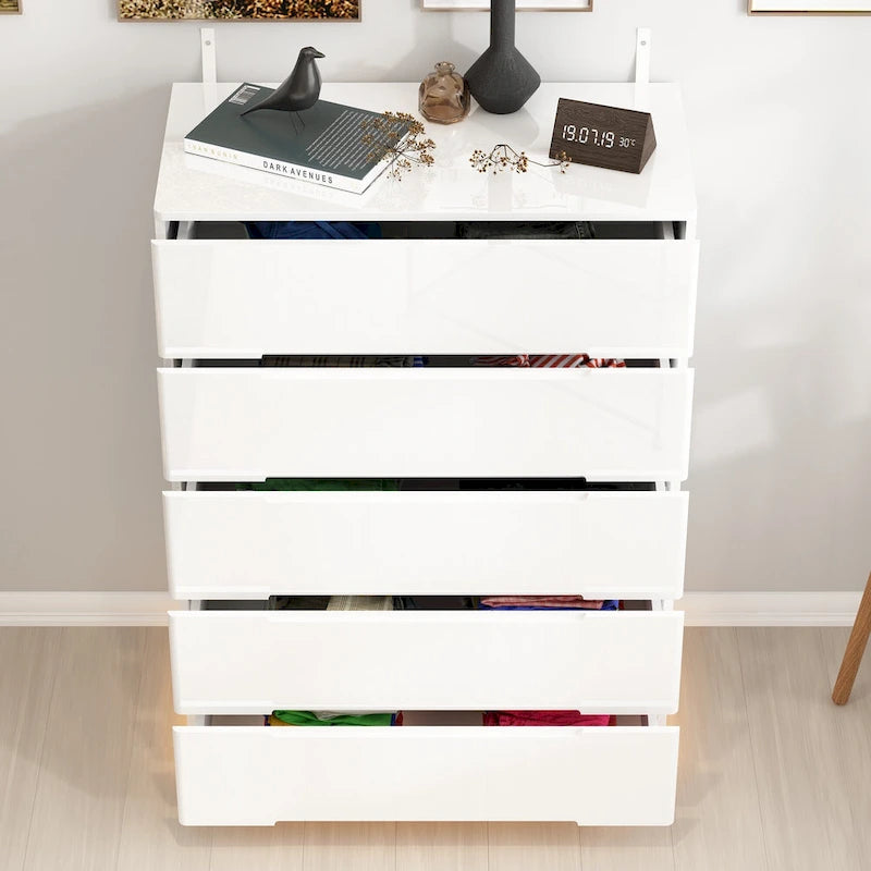 31.5" High Gloss Chest of Drawers with LED Light and Spacious Tabletop, 5 Drawers