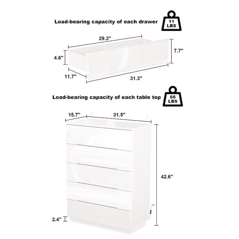 31.5" High Gloss Chest of Drawers with LED Light and Spacious Tabletop, 5 Drawers