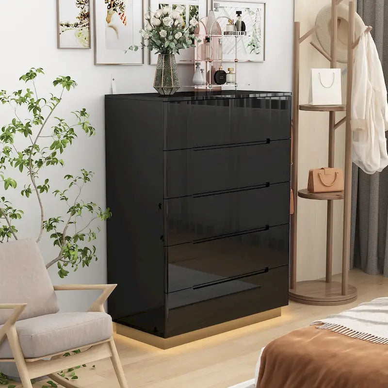 31.5" High Gloss Chest of Drawers with LED Light and Spacious Tabletop, 5 Drawers