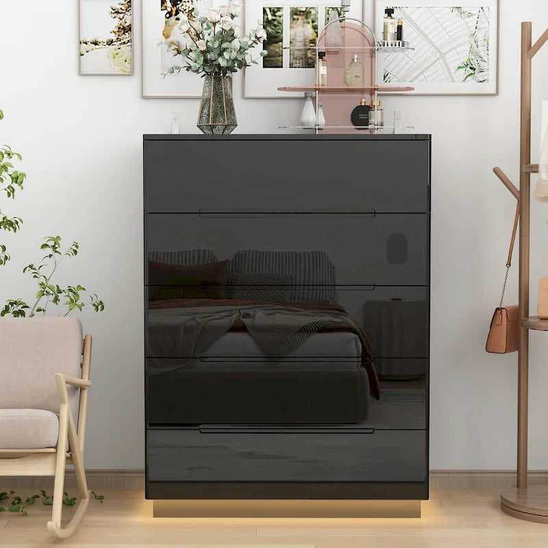 31.5" High Gloss Chest of Drawers with LED Light and Spacious Tabletop, 5 Drawers