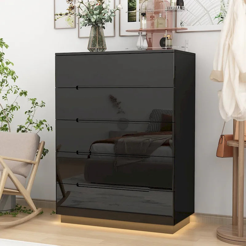 31.5" High Gloss Chest of Drawers with LED Light and Spacious Tabletop, 5 Drawers