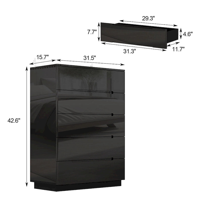 31.5" High Gloss Chest of Drawers with LED Light and Spacious Tabletop, 5 Drawers