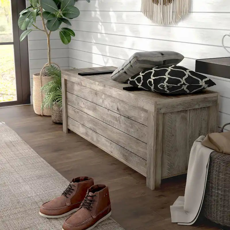 Rustic Weathered Oak Storage Bench