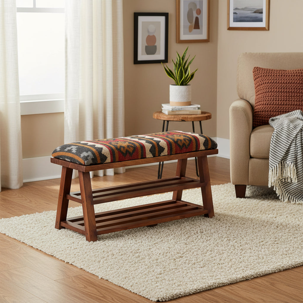 HERAT ORIENTAL Handmade Kilim Upholstered Wooden Storage Bench - 30 W x 12.5 L x 16 H