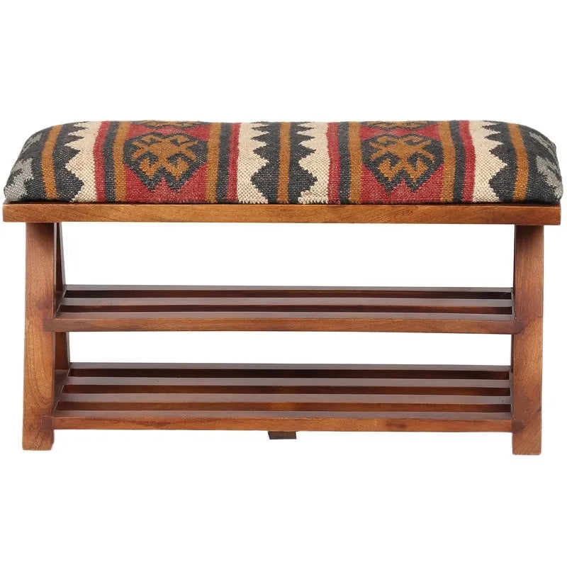 Handmade Kilim Upholstered Wooden Storage Bench - 30 W x 12.5 L x 16 H