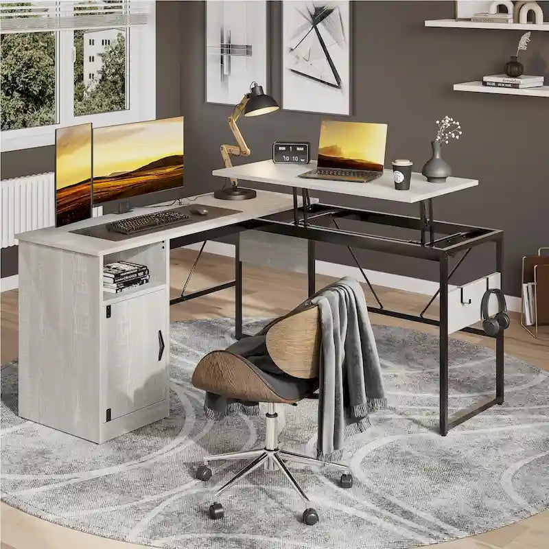 L-Shaped Lift-Top Desk with Storage Cabinet and Hooks