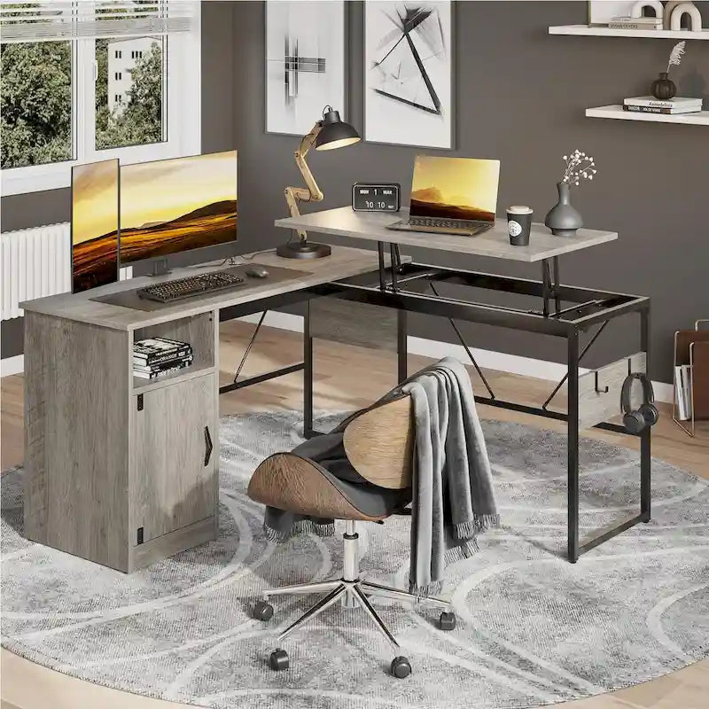 L-Shaped Lift-Top Desk with Storage Cabinet and Hooks