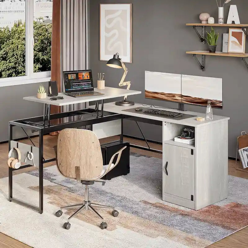 L-Shaped Lift-Top Desk with Storage Cabinet and Hooks