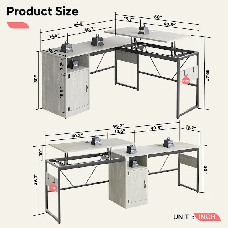 L-Shaped Lift-Top Desk with Storage Cabinet and Hooks