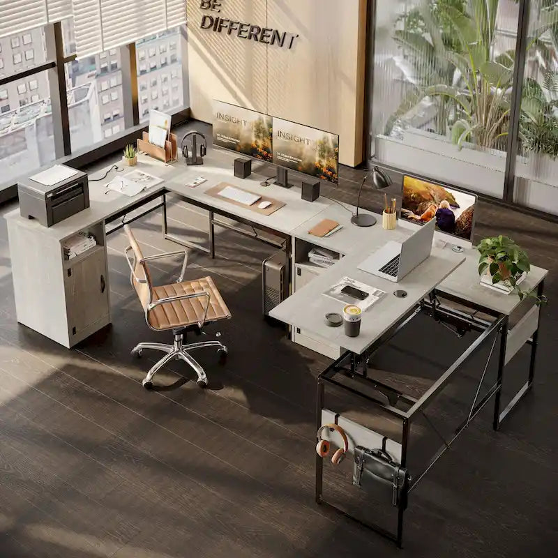 L-Shaped Lift-Top Desk with Storage Cabinet and Hooks