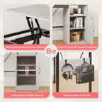 L-Shaped Lift-Top Desk with Storage Cabinet and Hooks