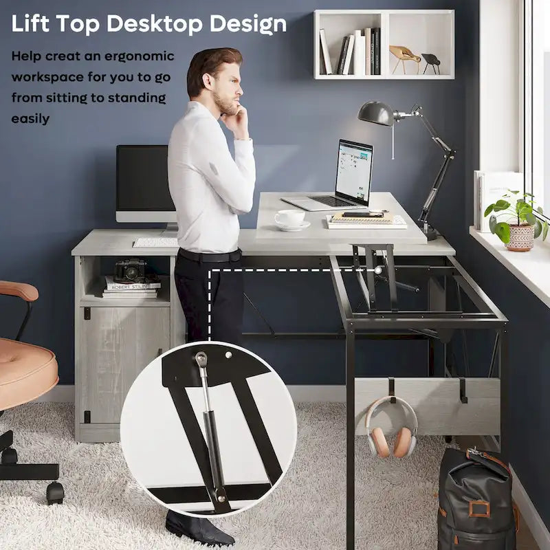 L-Shaped Lift-Top Desk with Storage Cabinet and Hooks