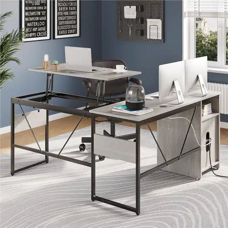 L-Shaped Lift-Top Desk with Storage Cabinet and Hooks