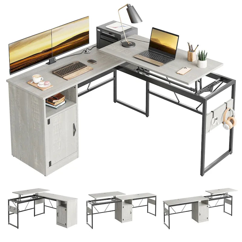 L-Shaped Lift-Top Desk with Storage Cabinet and Hooks
