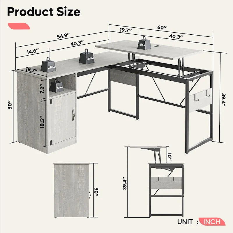 L-Shaped Lift-Top Desk with Storage Cabinet and Hooks