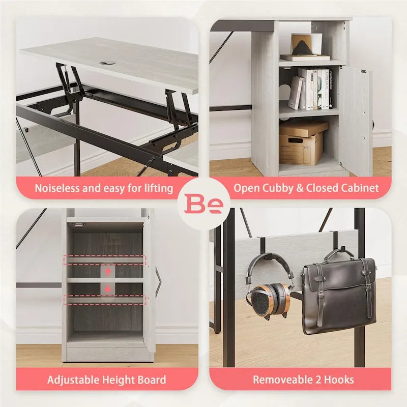 L-Shaped Lift-Top Desk with Storage Cabinet and Hooks
