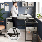 L-Shaped Lift-Top Desk with Storage Cabinet and Hooks