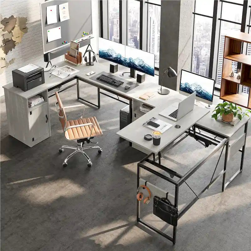 L-Shaped Lift-Top Desk with Storage Cabinet and Hooks