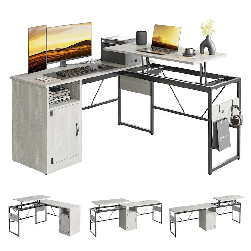 L-Shaped Lift-Top Desk with Storage Cabinet and Hooks