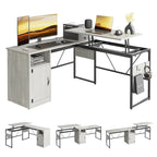 L-Shaped Lift-Top Desk with Storage Cabinet and Hooks