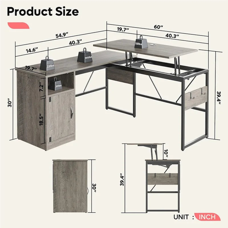L-Shaped Lift-Top Desk with Storage Cabinet and Hooks