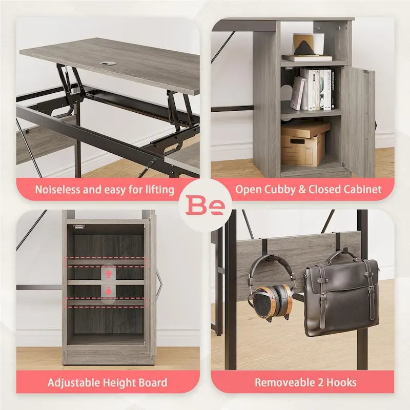 L-Shaped Lift-Top Desk with Storage Cabinet and Hooks