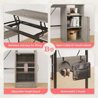 L-Shaped Lift-Top Desk with Storage Cabinet and Hooks