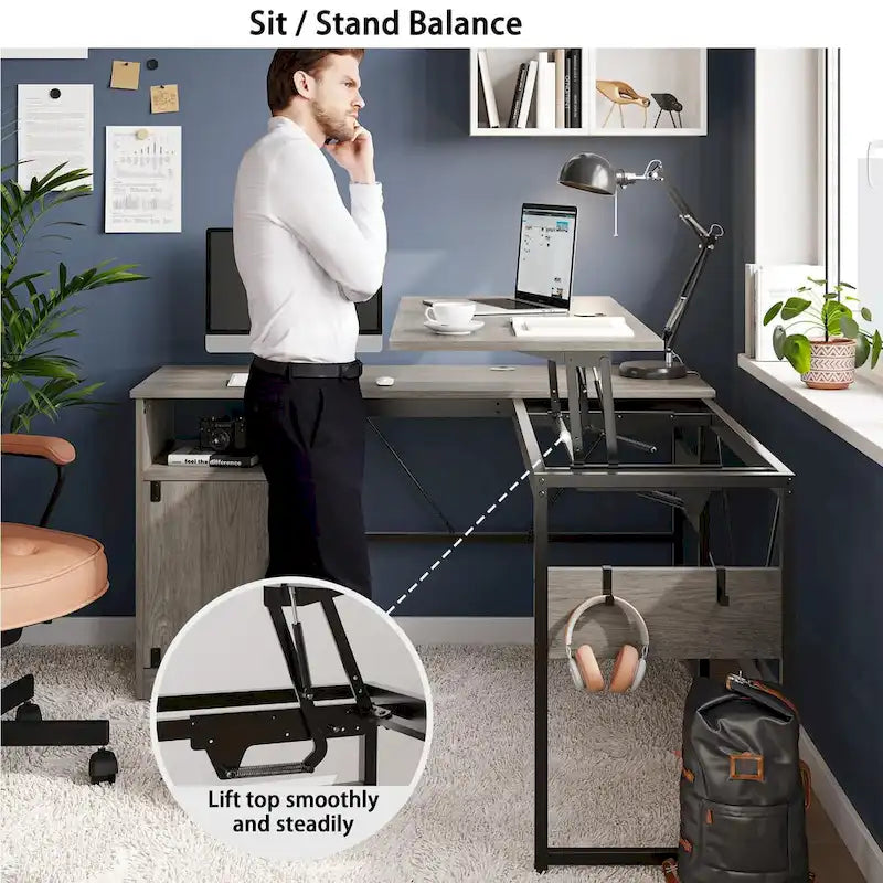 L-Shaped Lift-Top Desk with Storage Cabinet and Hooks