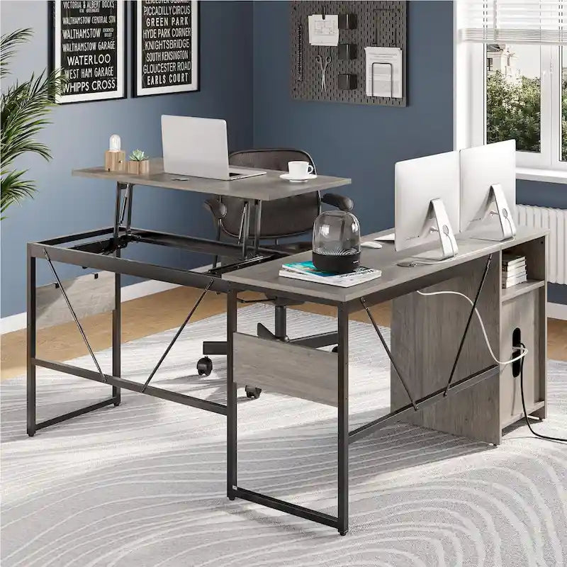 L-Shaped Lift-Top Desk with Storage Cabinet and Hooks