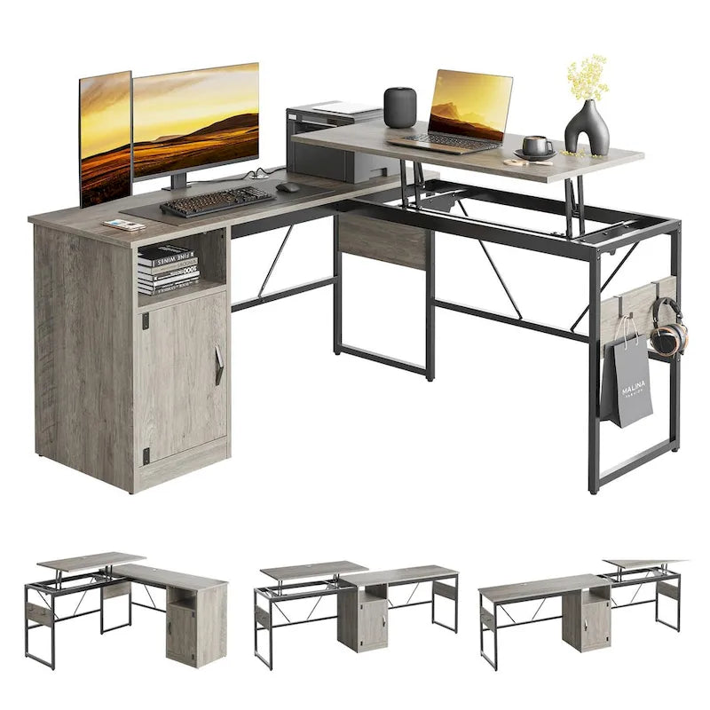 L-Shaped Lift-Top Desk with Storage Cabinet and Hooks