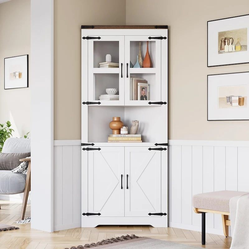 Tall Corner Storage Cabinet with Barn Door & Adjustable Shelves